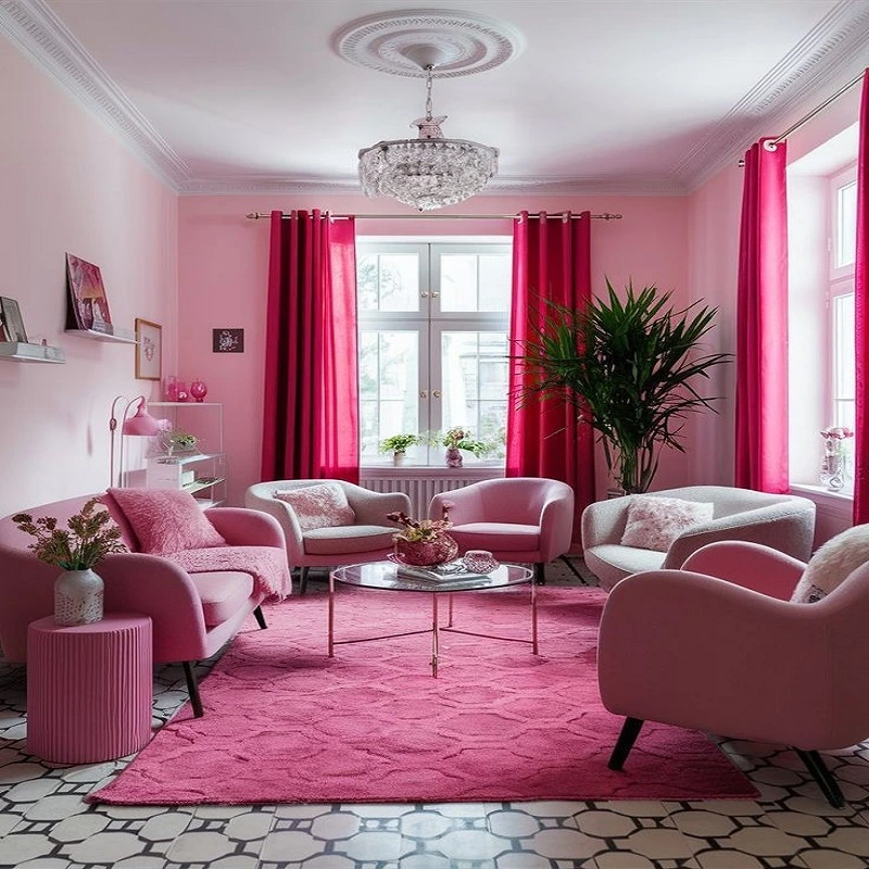 living room pink curtains