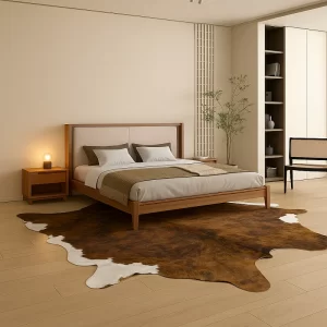 Cow Hide Rug in Bedroom